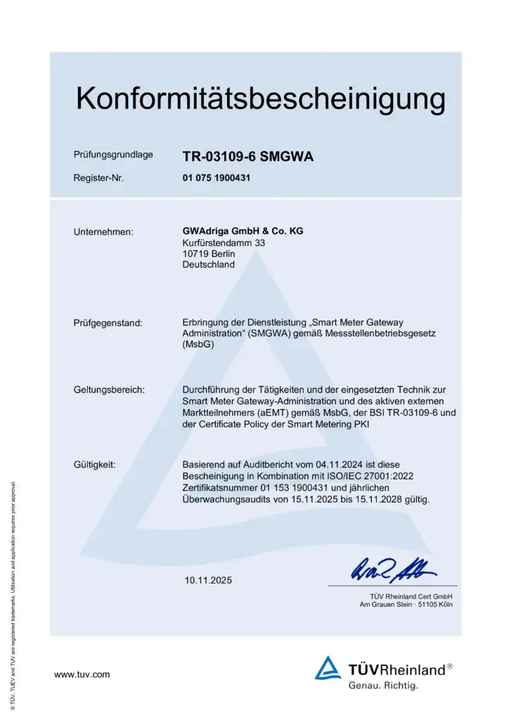 Konformitätsbescheinigung Prüfungsgrundlage TR-03109-6 SMGWA